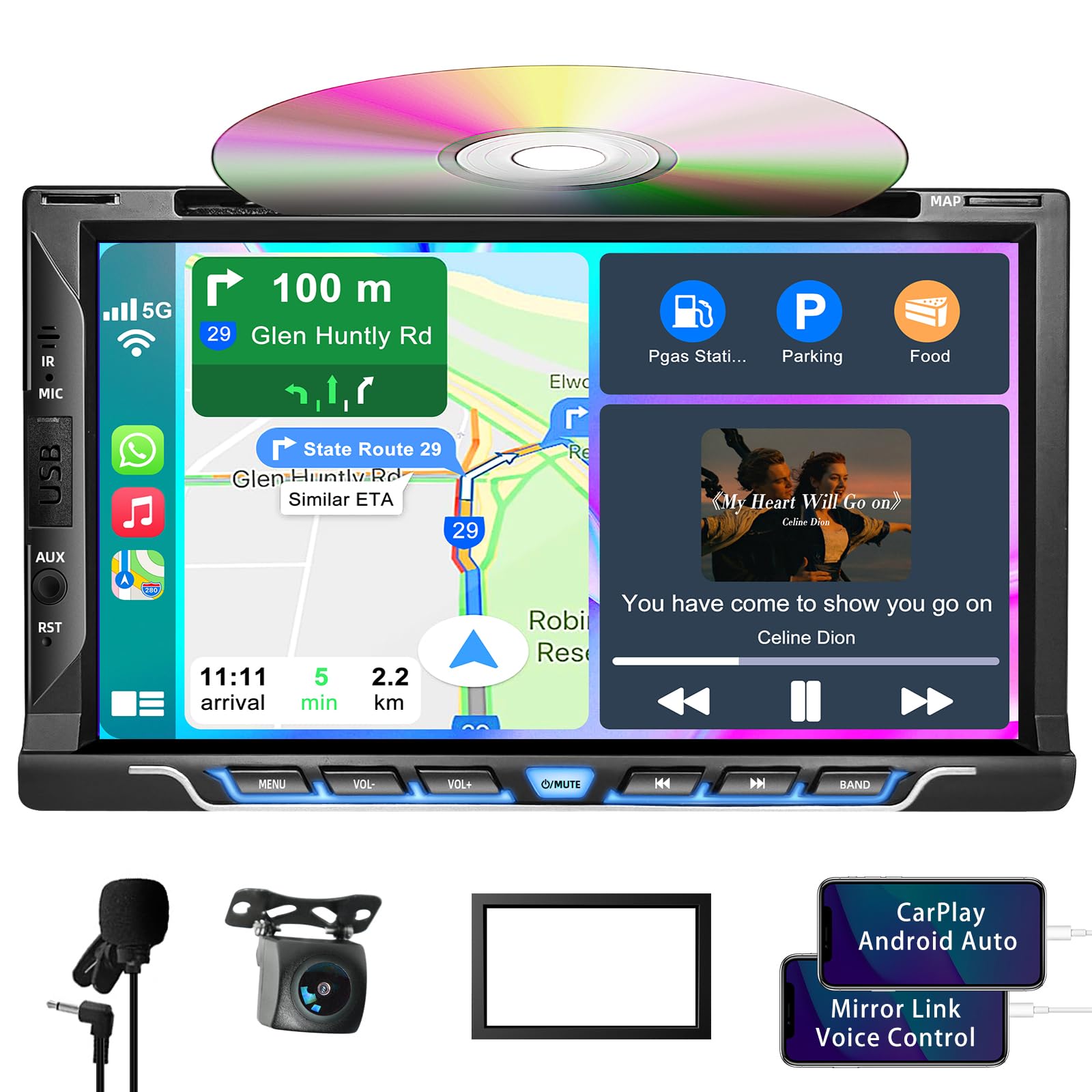Double Din Car Stereo Radio with CD/DVD Player, 7“ HD Touch Screen